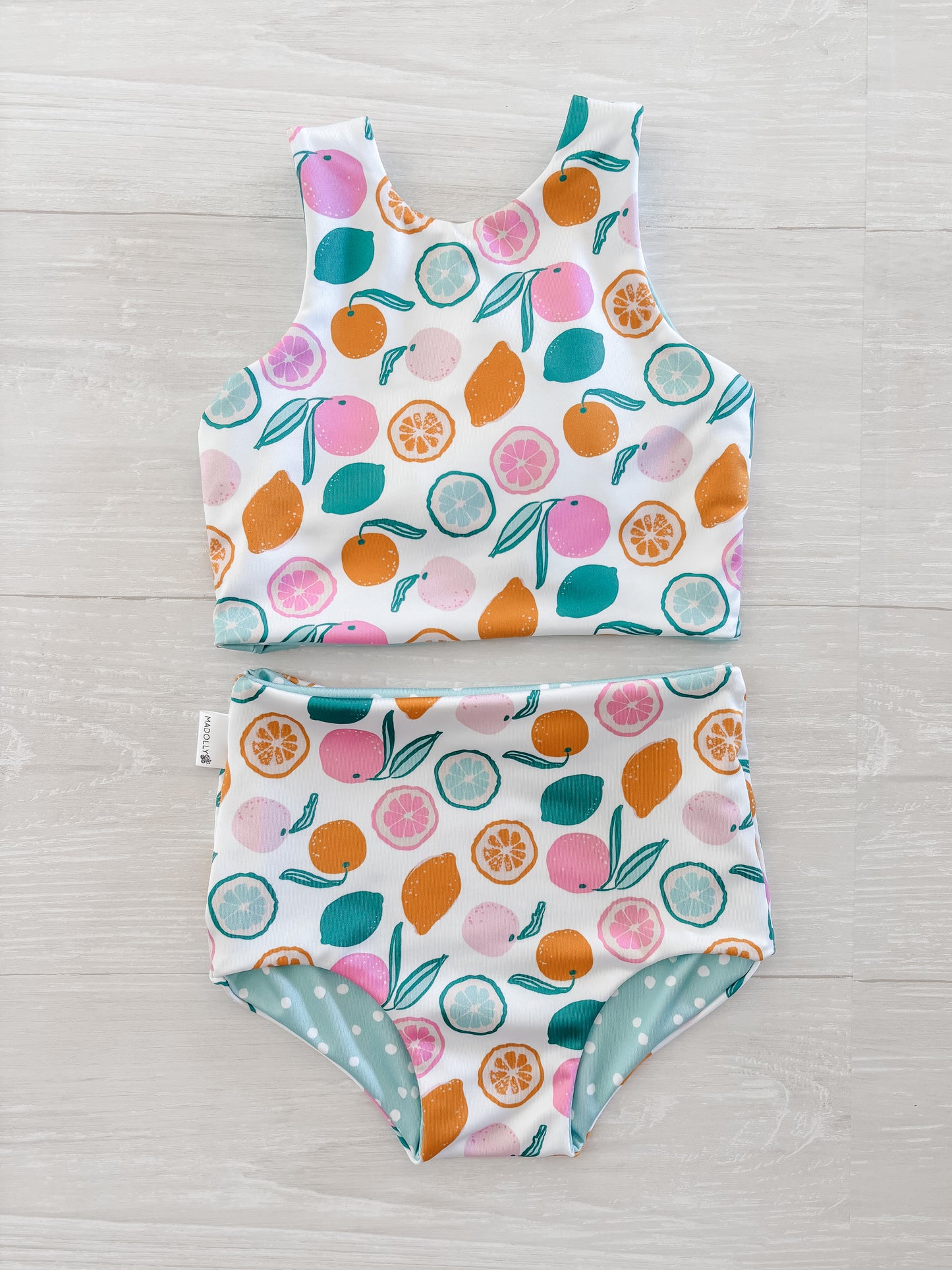 Citrus and Polka Dot Reversible Swimwear; Reversible Bikini ; High waisted bathing suit