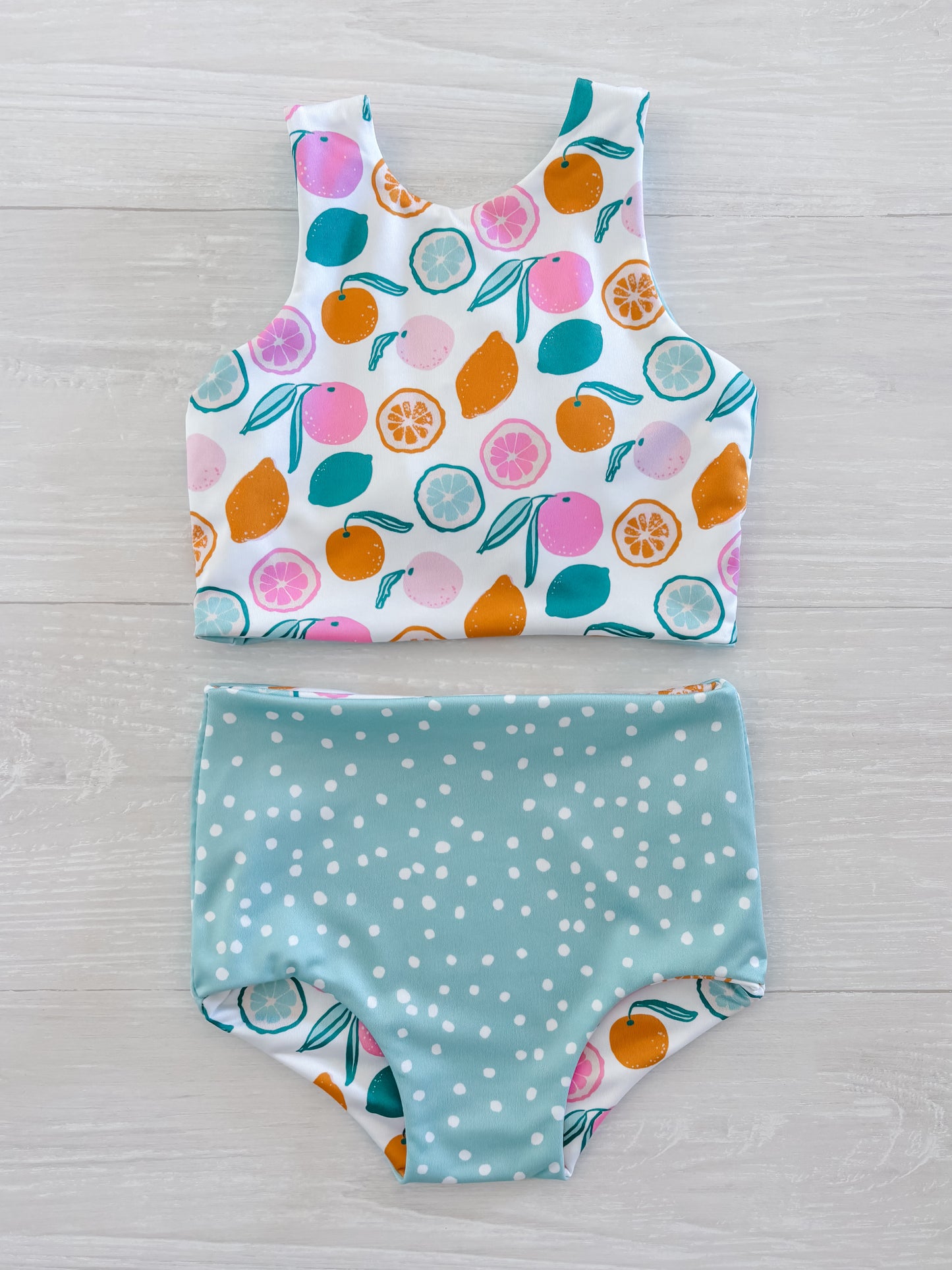 Citrus and Polka Dot Reversible Swimwear; Reversible Bikini ; High waisted bathing suit