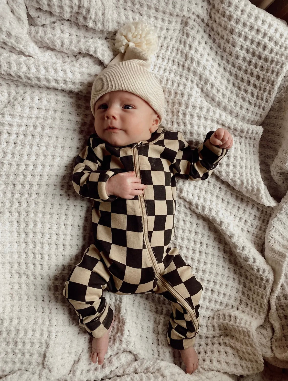 Tiramisu/Black Checkered 2-Way Zip Romper