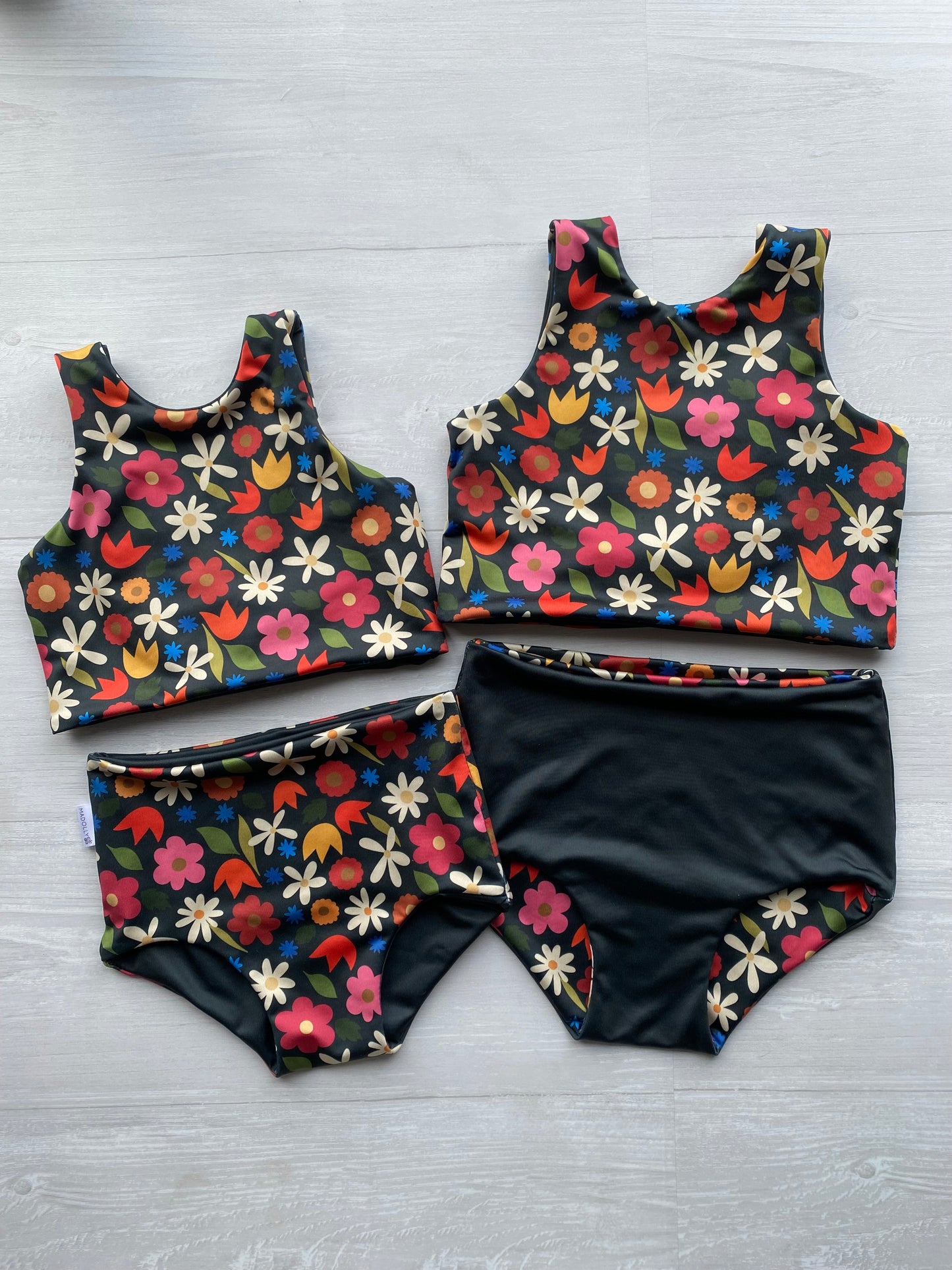 Spring Black Floral and Black Reversible Swimwear; Reversible Bikini ; High waisted bathing suit