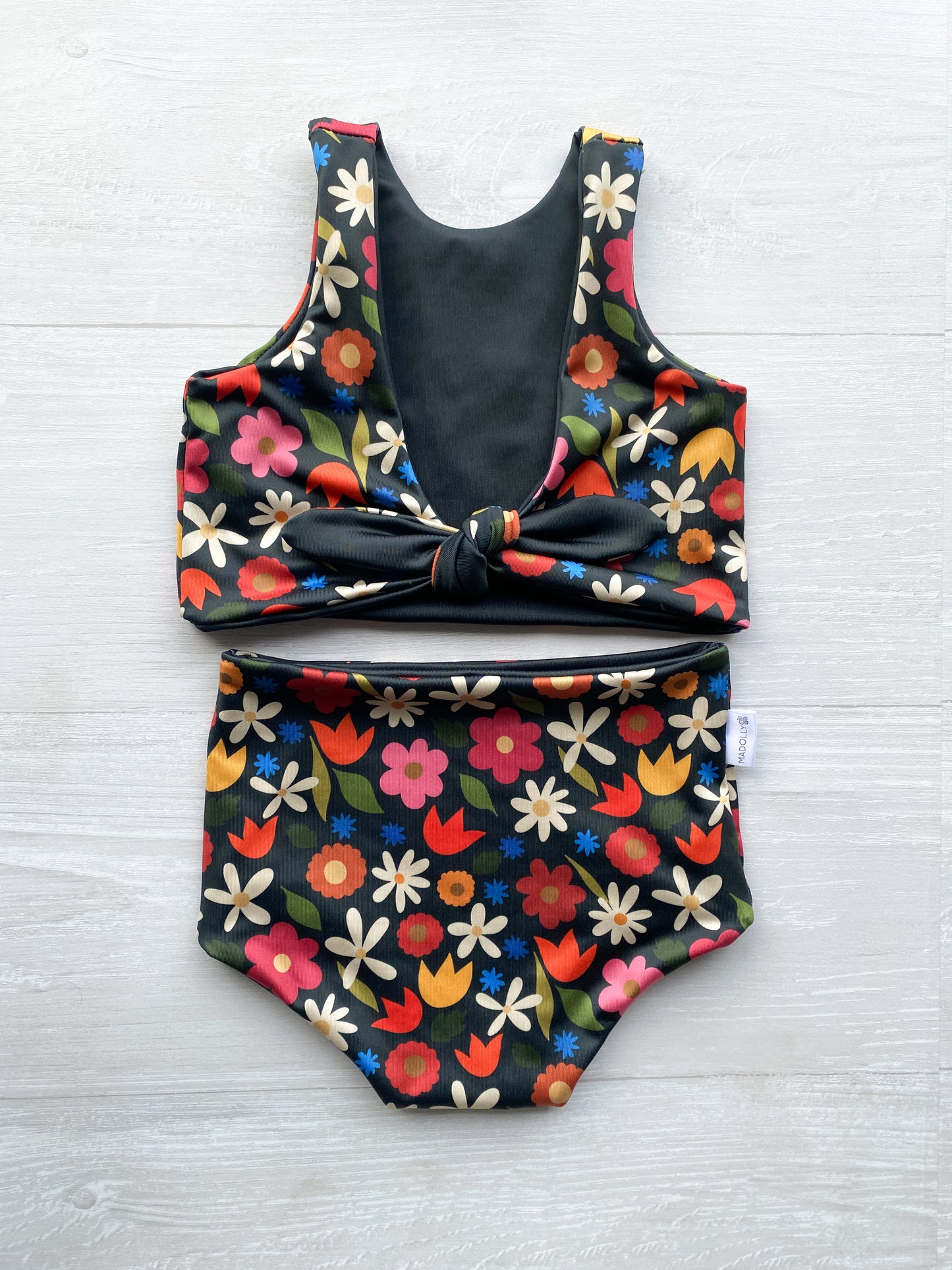 Spring Black Floral and Black Reversible Swimwear; Reversible Bikini ; High waisted bathing suit