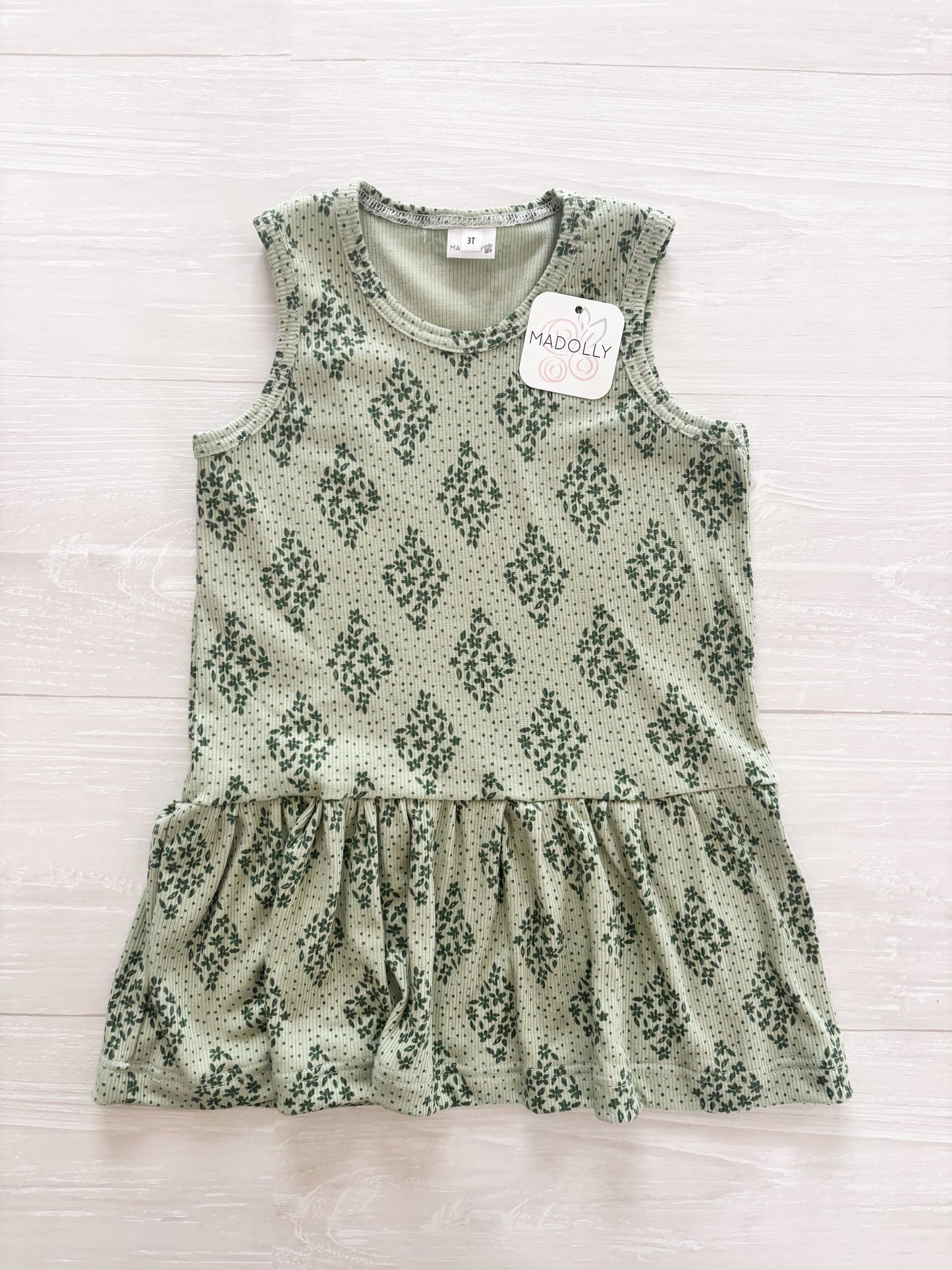 Green Floral Ribbed Sleeveless Swing Dress