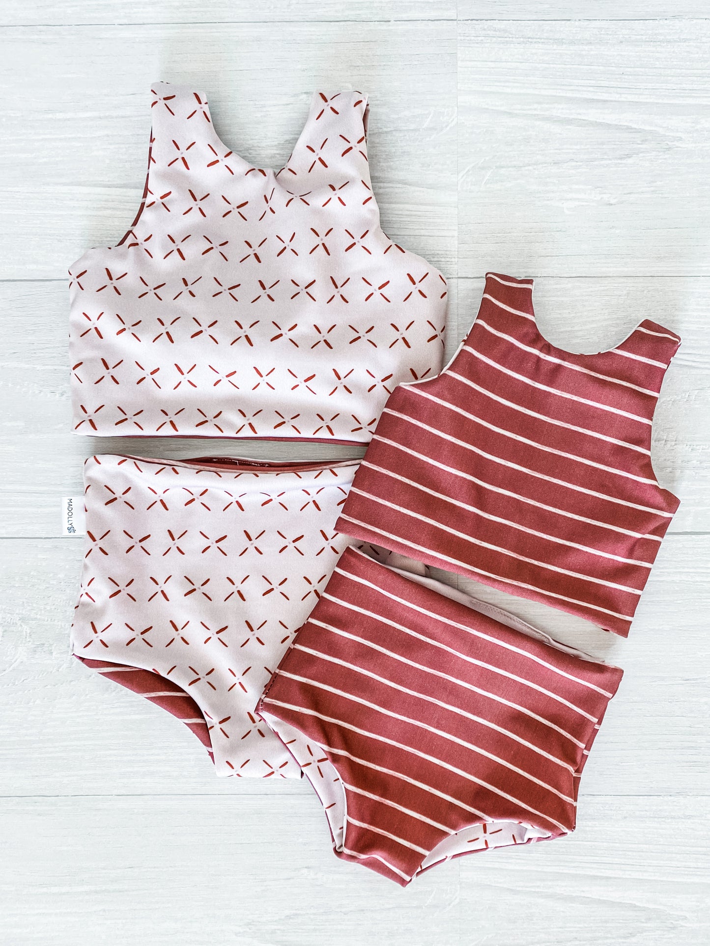 Pink X’s and Stripes Kids reversible Bikini, Toddler Swimwear, Baby Bikini, Kids Swimsuit