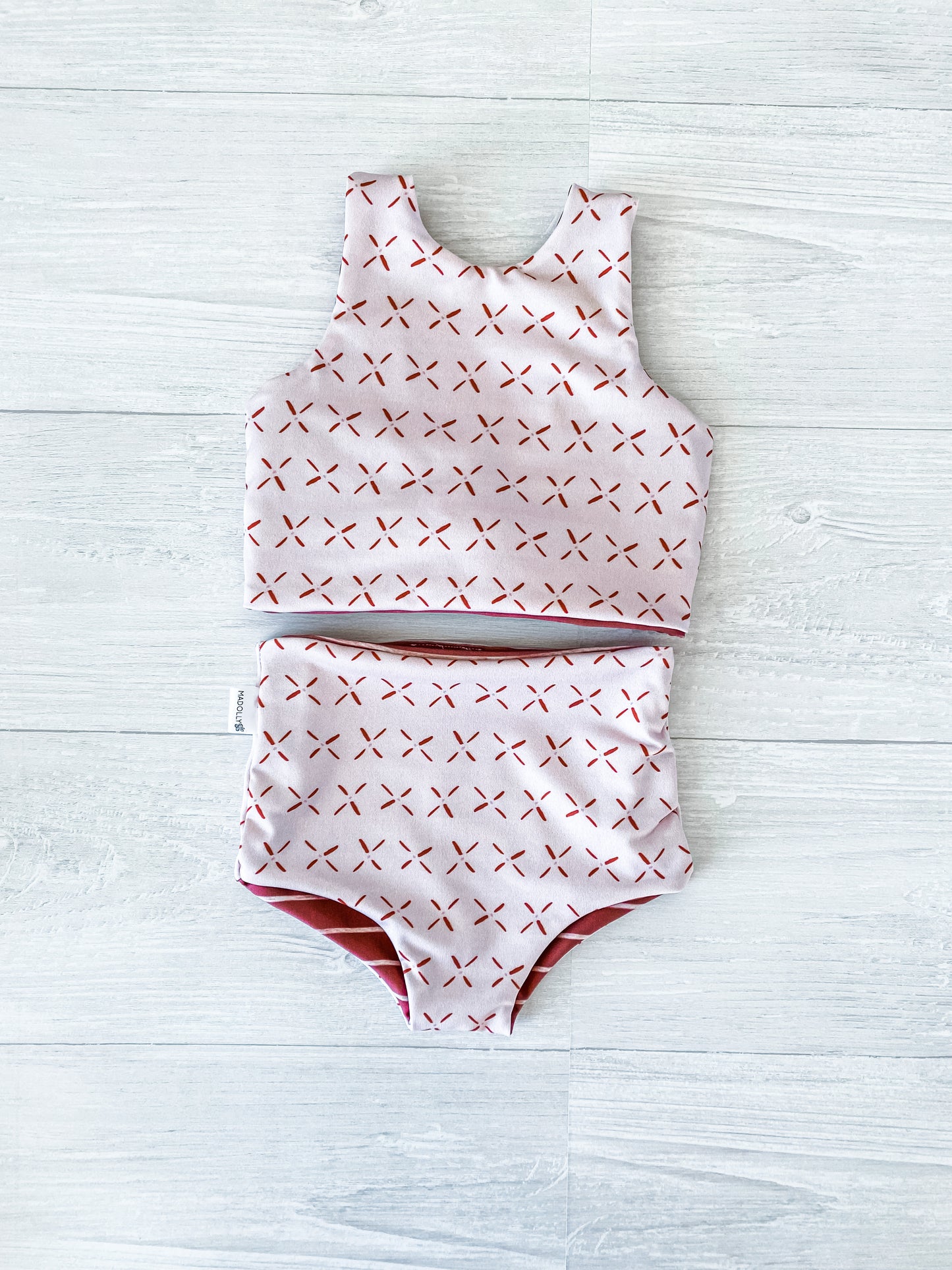 Pink X’s and Stripes Kids reversible Bikini, Toddler Swimwear, Baby Bikini, Kids Swimsuit