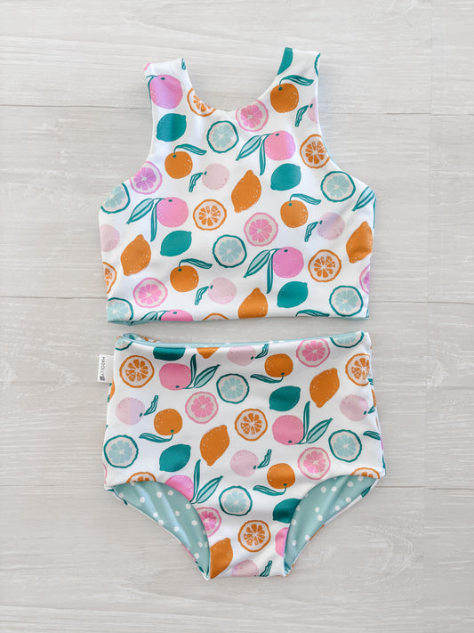 Citrus and Polka Dot Reversible Swimwear; Reversible Bikini ; High waisted bathing suit