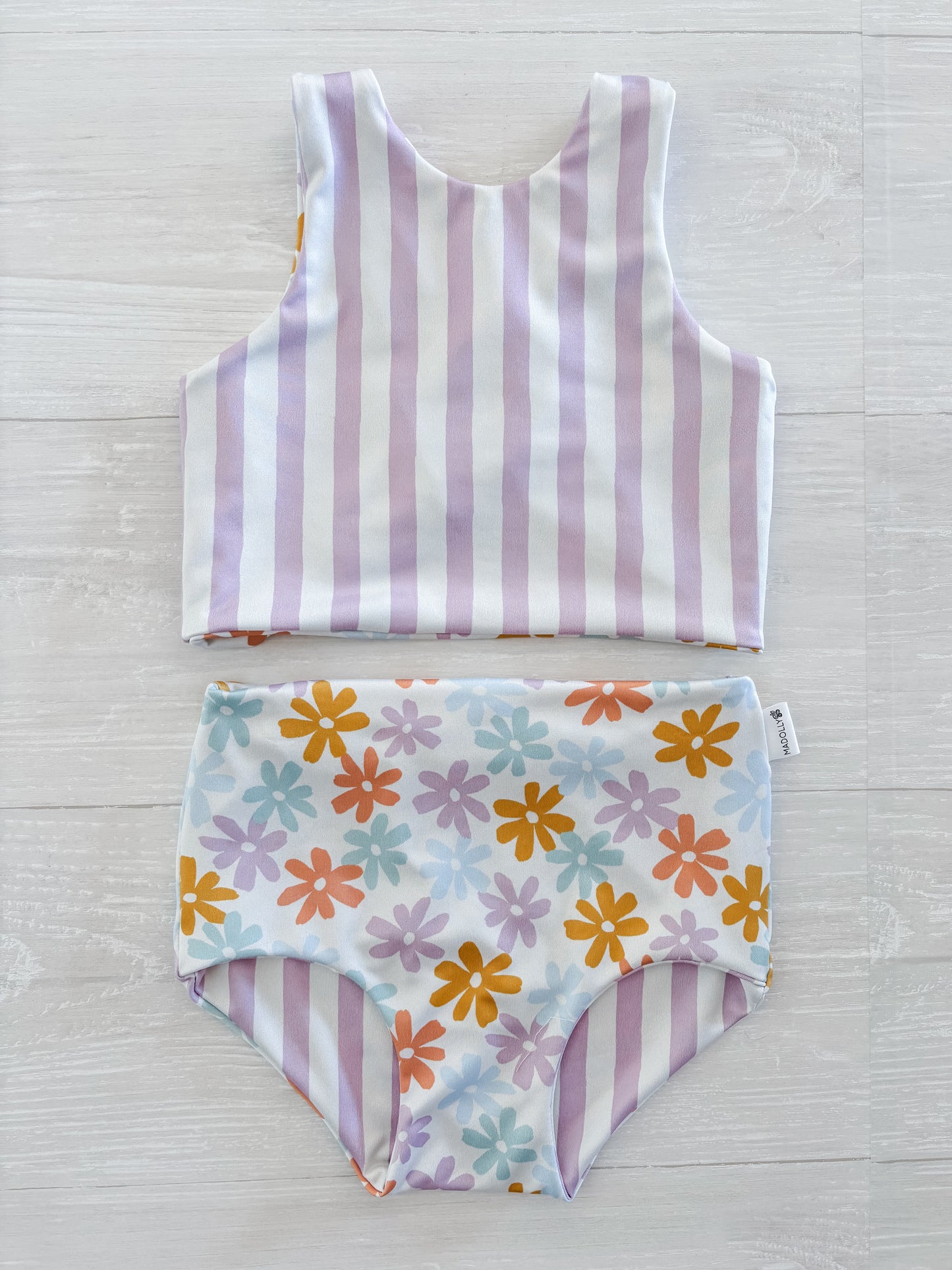 Muted Daisy Floral & Purple Stripe Reversible Swimwear; Reversible Bikini ; High waisted bathing suit