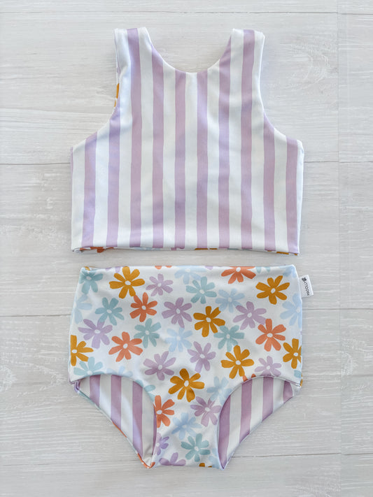 Muted Daisy Floral & Purple Stripe Reversible Swimwear; Reversible Bikini ; High waisted bathing suit