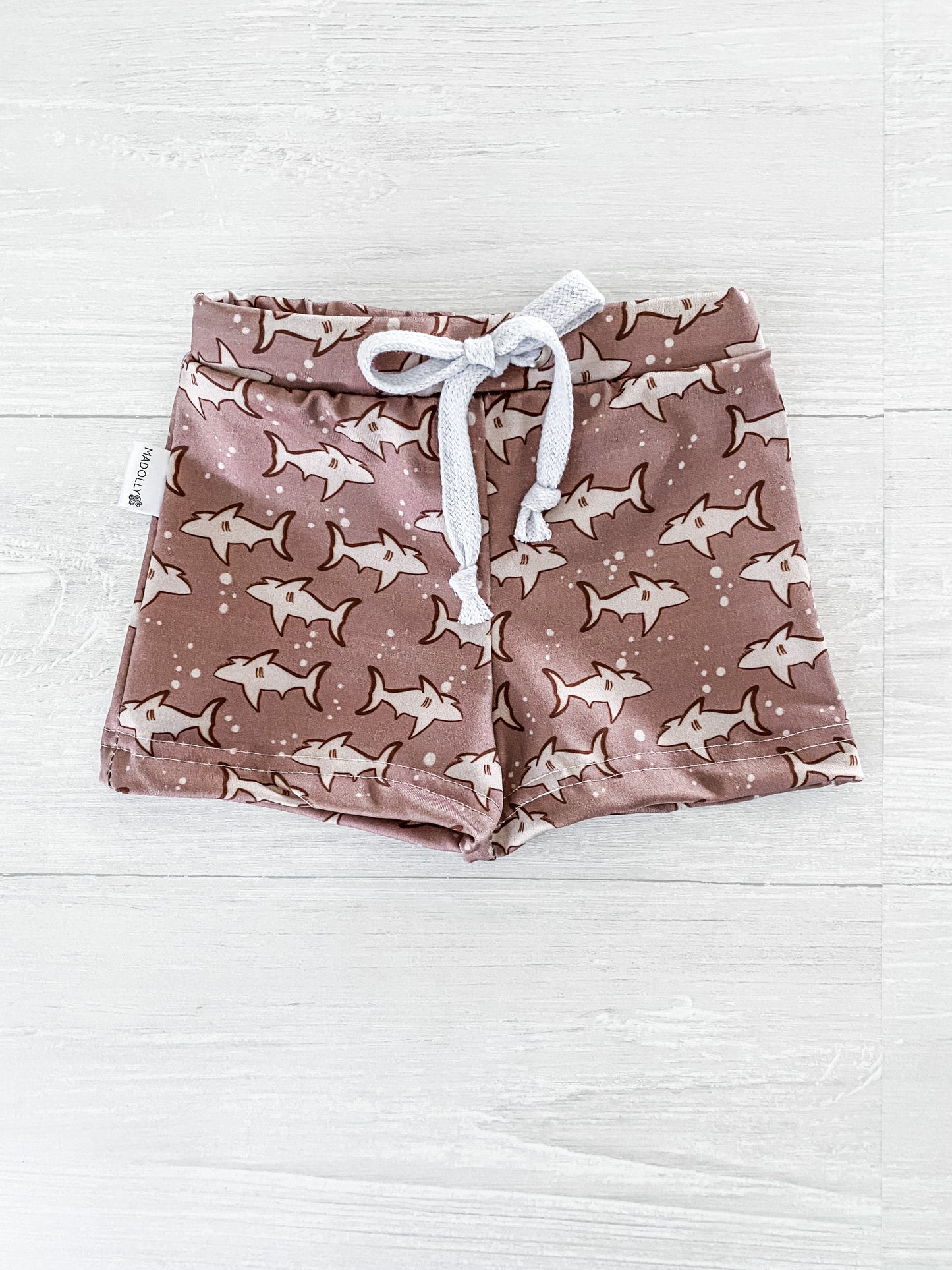 Sharks and Maroon Stripe Swim Trunks