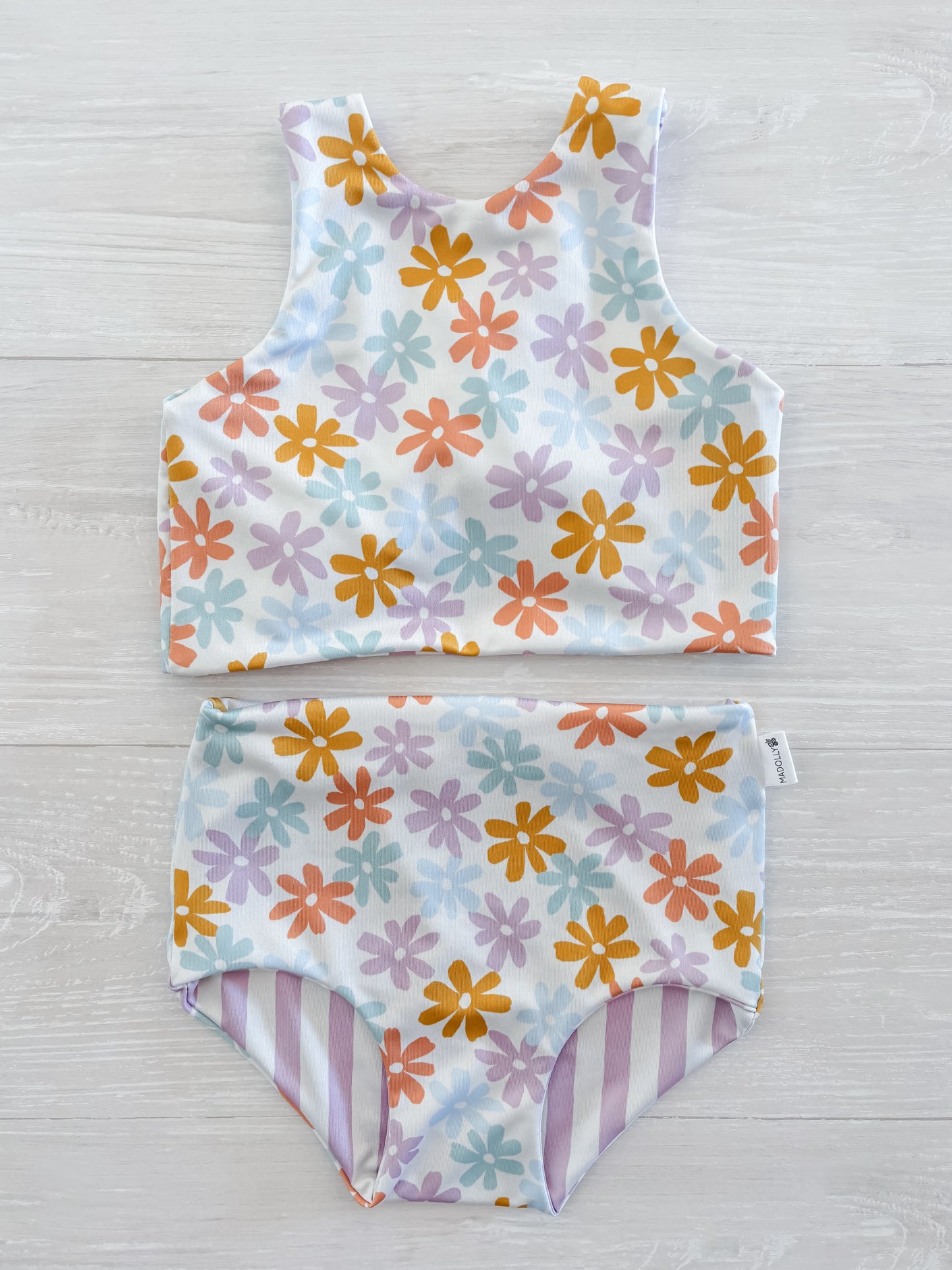 Muted Daisy Floral & Purple Stripe Reversible Swimwear; Reversible Bikini ; High waisted bathing suit