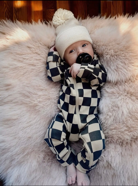 Tiramisu/Black Checkered 2-Way Zip Romper