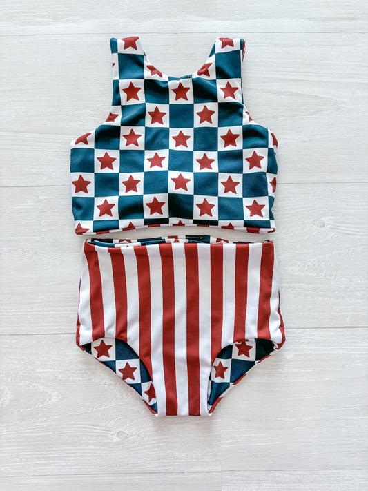 Navy Blue and Red Stars Reversible Bathing Suit