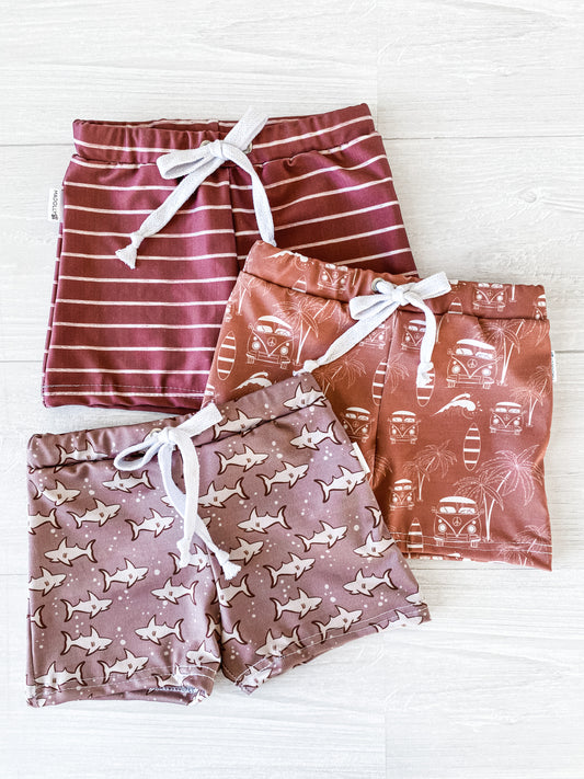 Sharks and Maroon Stripe Swim Trunks