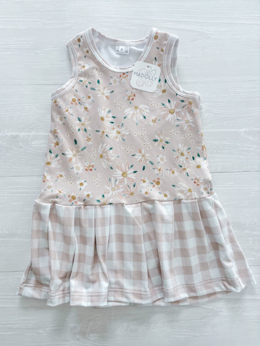 Tan and Gingham Sleeveless Swing Dress