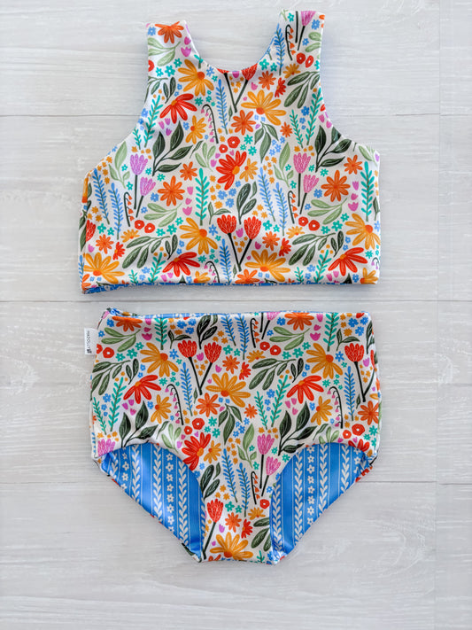 Summer Floral Fields Reversible Swimwear; Reversible Bikini ; High waisted bathing suit