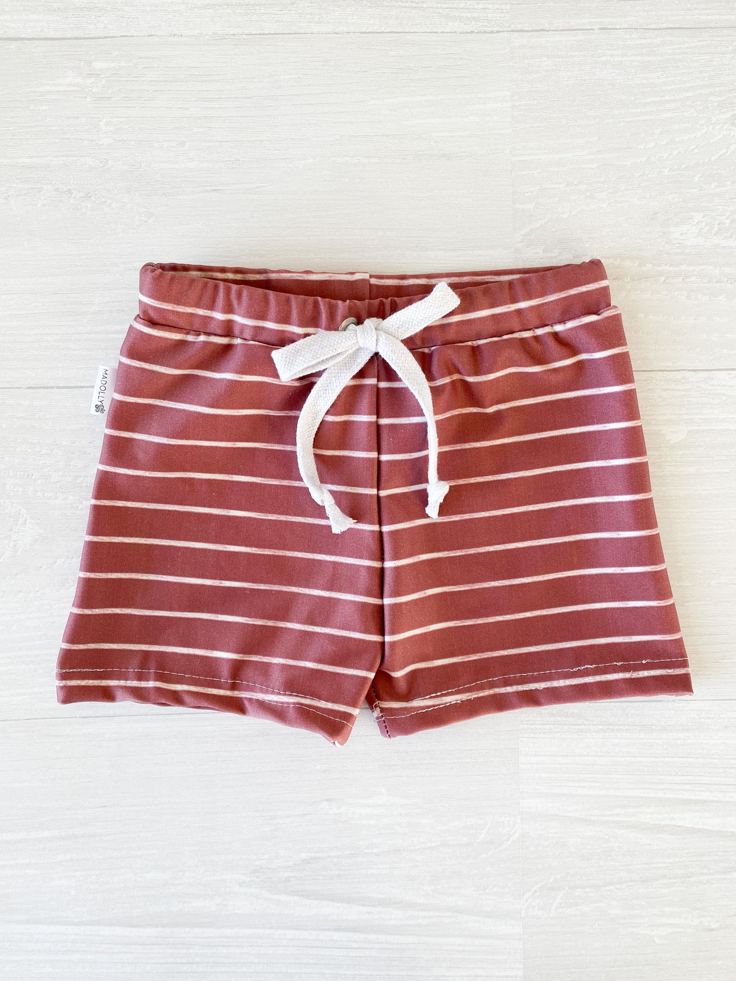 Sharks and Maroon Stripe Swim Trunks
