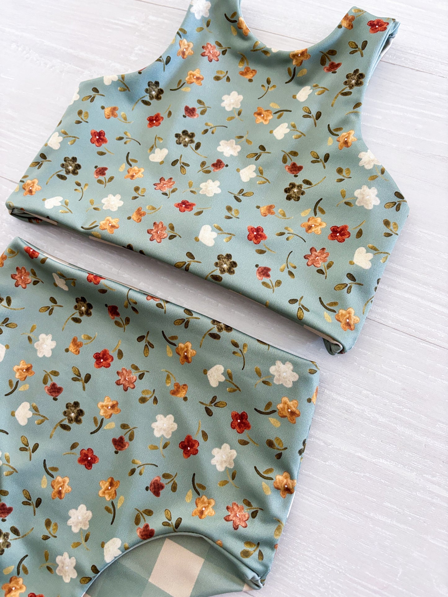 Ditsy Green Floral Reversible Swimwear; Reversible Bikini ; High waisted bathing suit