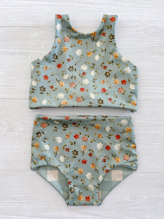 Ditsy Green Floral Reversible Swimwear; Reversible Bikini ; High waisted bathing suit