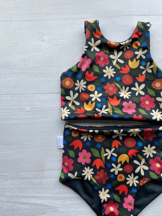 Spring Black Floral and Black Reversible Swimwear; Reversible Bikini ; High waisted bathing suit