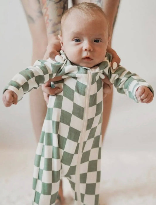 Matcha Checkerboard Organic Zip Footie