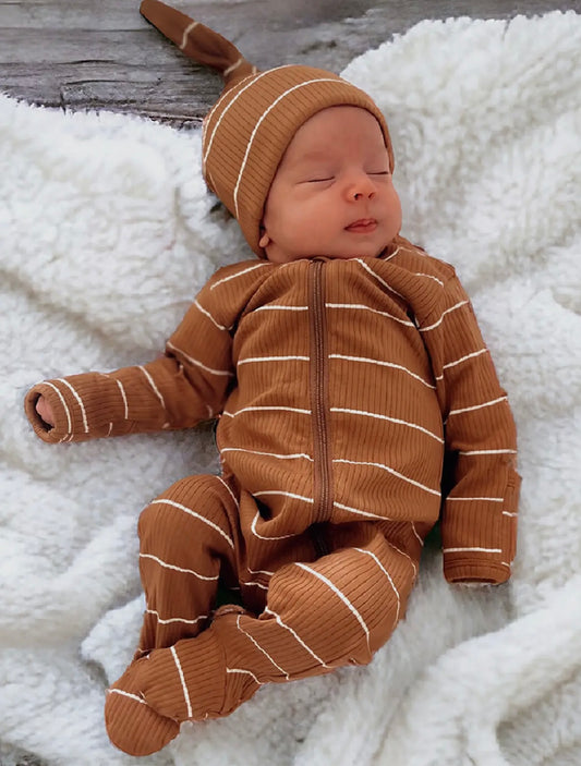 Saddle Stripe Organic Ribbed 2- Way Zip Footie