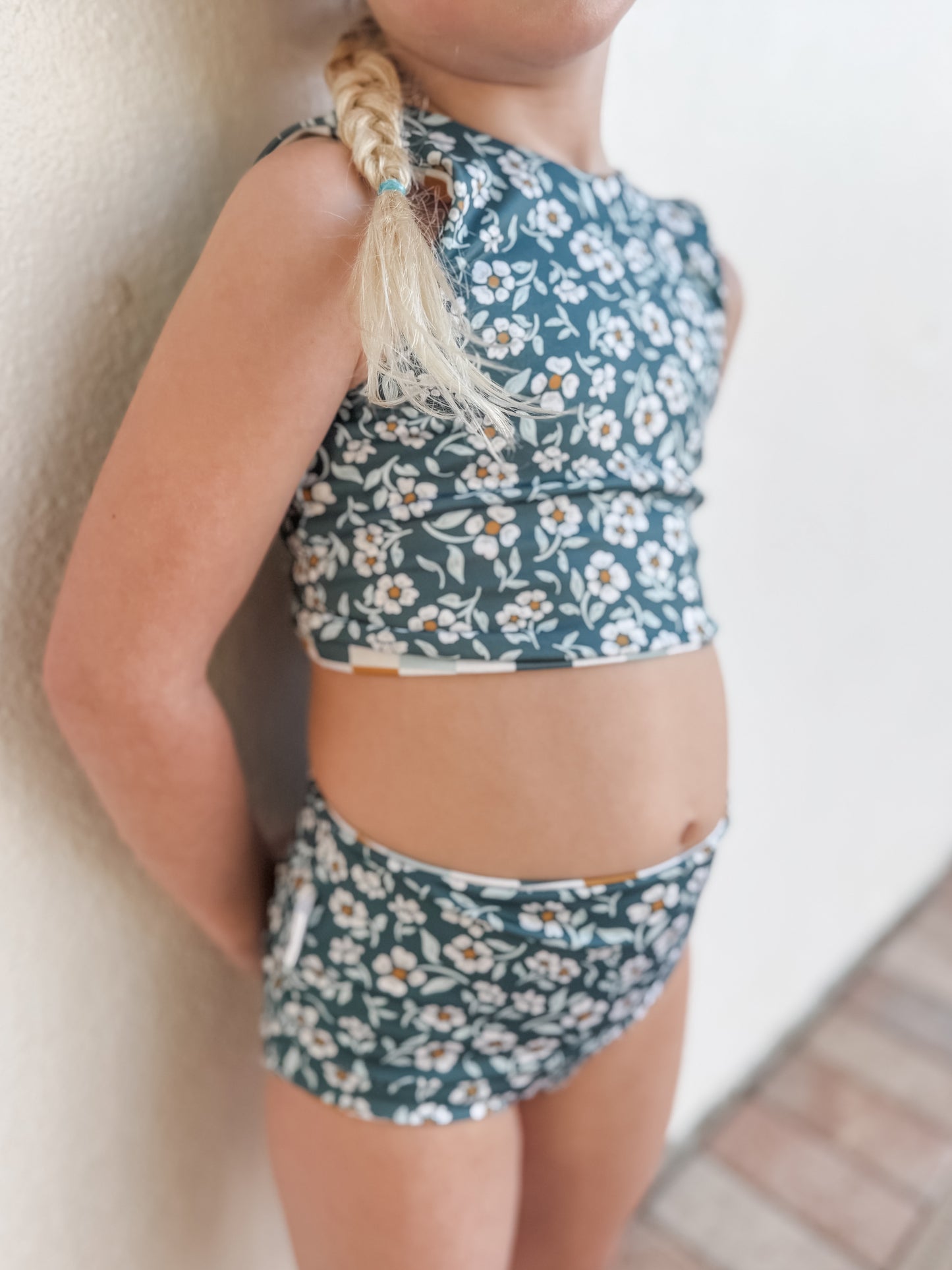 Teal Floral and Checkered Reversible Swimwear; Reversible Bikini ; High waisted bathing suit