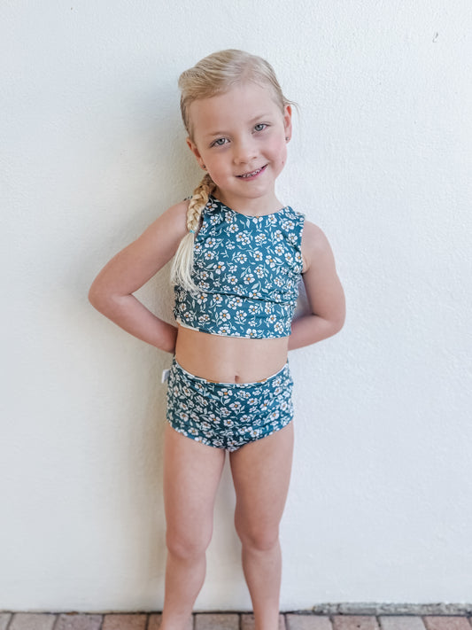 Teal Floral and Checkered Reversible Swimwear; Reversible Bikini ; High waisted bathing suit