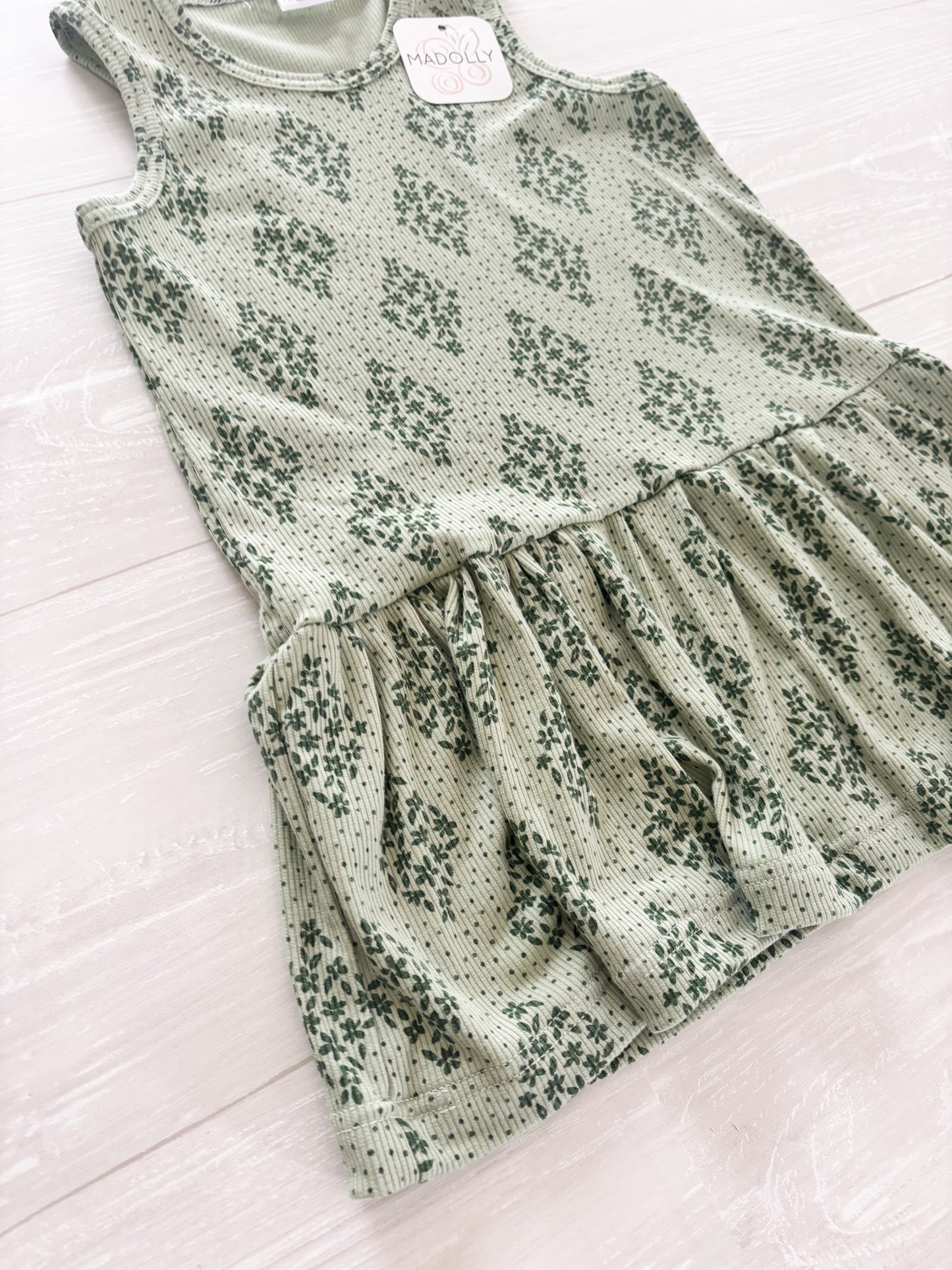 Green Floral Ribbed Sleeveless Swing Dress