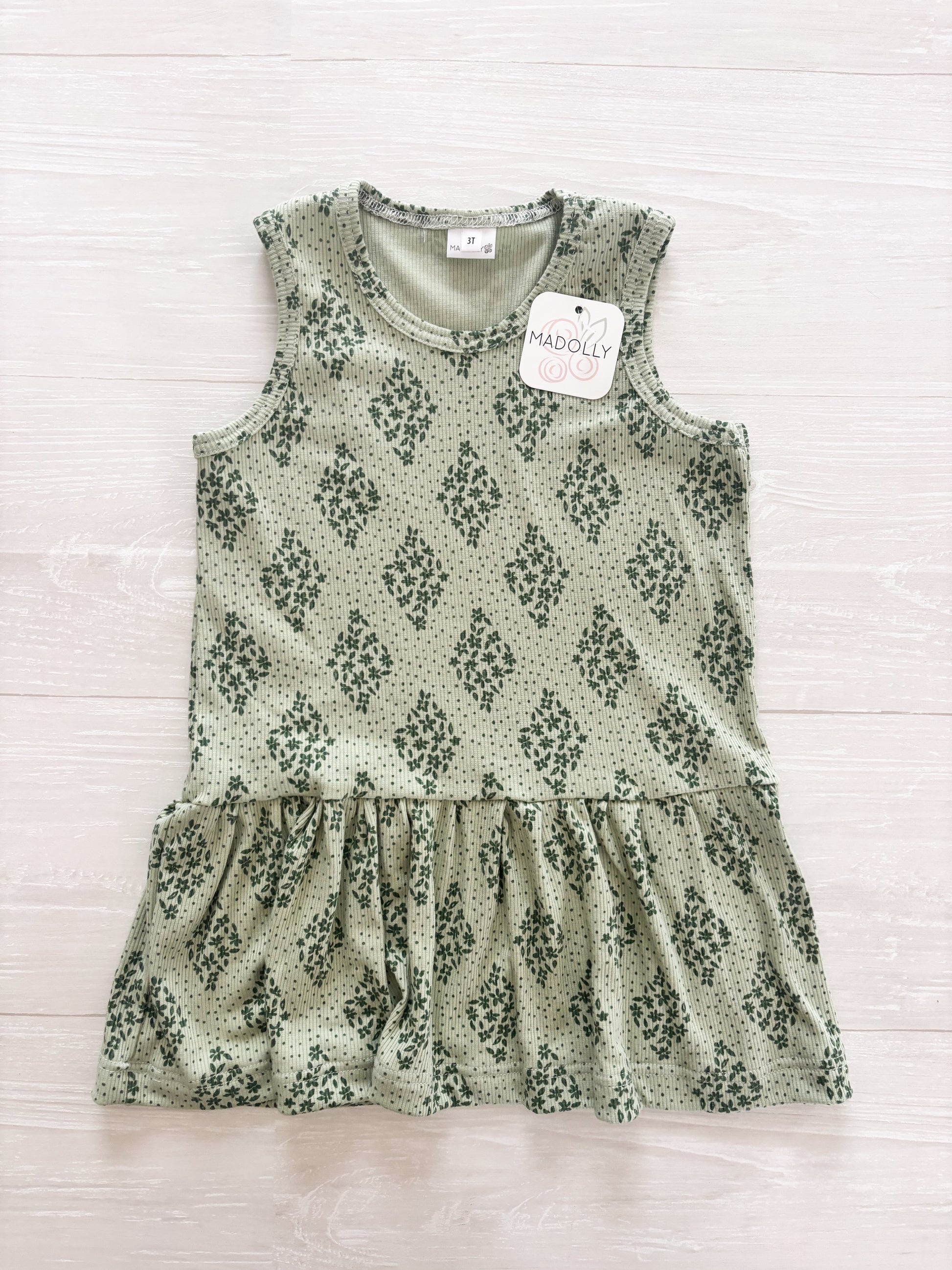 Green Floral Ribbed Sleeveless Swing Dress Madolly Green Floral Ribbed Sleeveless Swing Dress Madolly