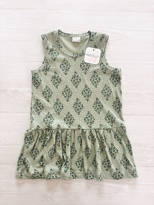 Green Floral Ribbed Sleeveless Swing Dress