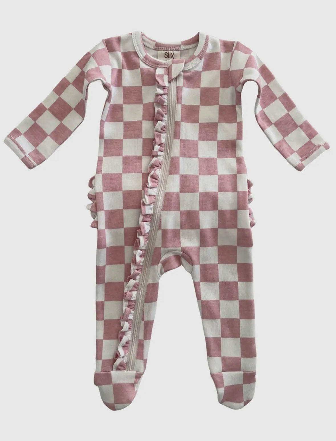 Strawberry Checkerboard Organic Frill Zip Footie