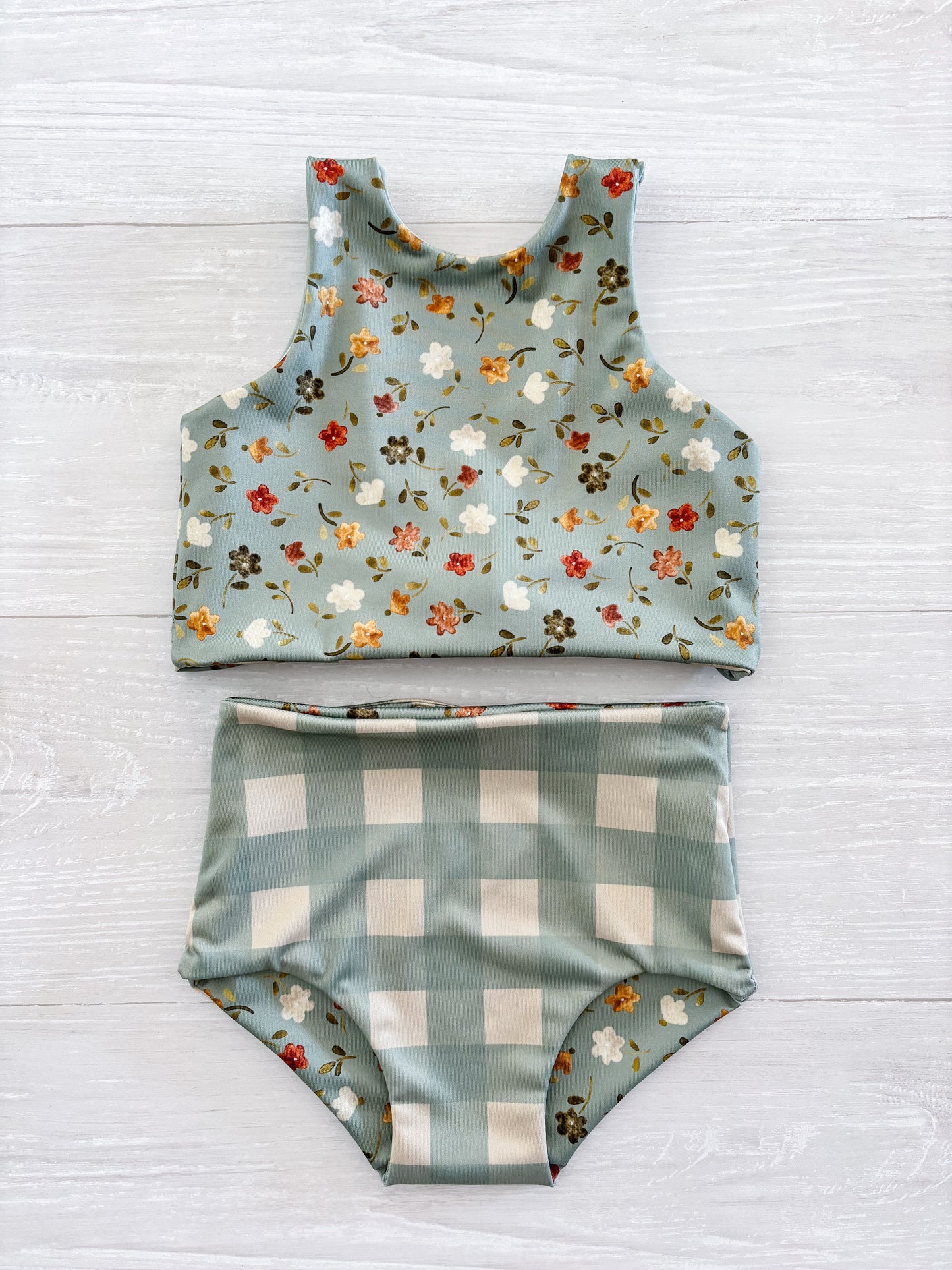 Ditsy Green Floral Reversible Swimwear; Reversible Bikini ; High waisted bathing suit