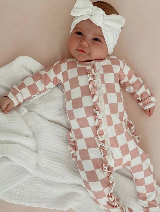 Strawberry Checkerboard Organic Frill Zip Footie