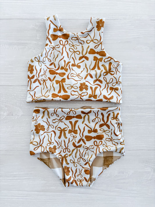 Golden Bows Reversible Swimwear; Reversible Bikini ; High waisted bathing suit