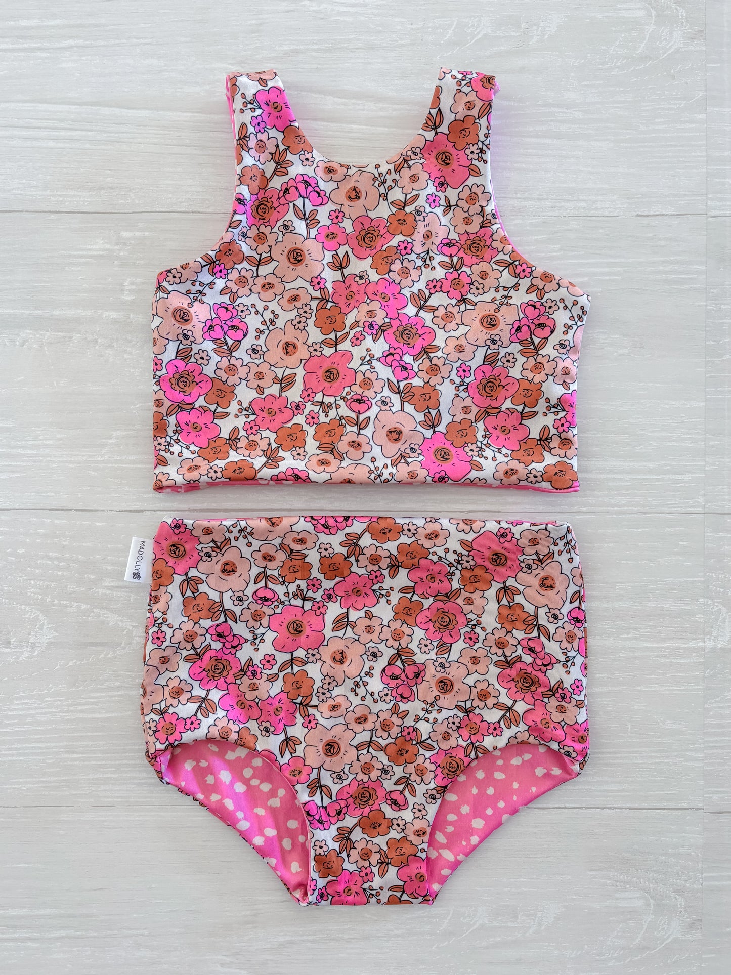 Pink Floral Reversible Swimwear; Reversible Bikini ; High waisted bathing suit