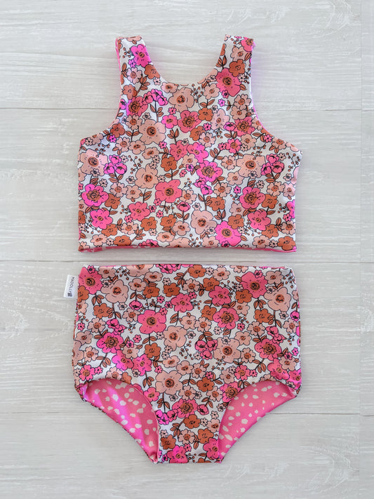 Pink Floral Reversible Swimwear; Reversible Bikini ; High waisted bathing suit