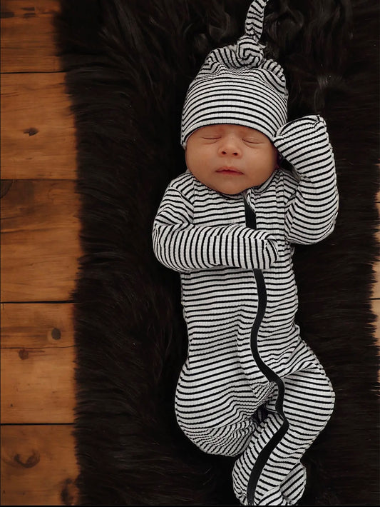 Black Stripe Organic Rib Zip Footie