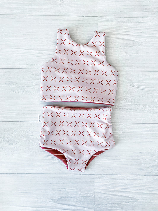 Pink X’s and Stripes Kids reversible Bikini, Toddler Swimwear, Baby Bikini, Kids Swimsuit